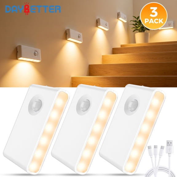 DAYBETTER Rechargeable Motion Sensor Night Lights Indoor, Soft Warm White Stick on Motion Activated Hallway Lights, Portable LED Lights for Stairway Bathroom Bedroom Kitchen, 3Pack