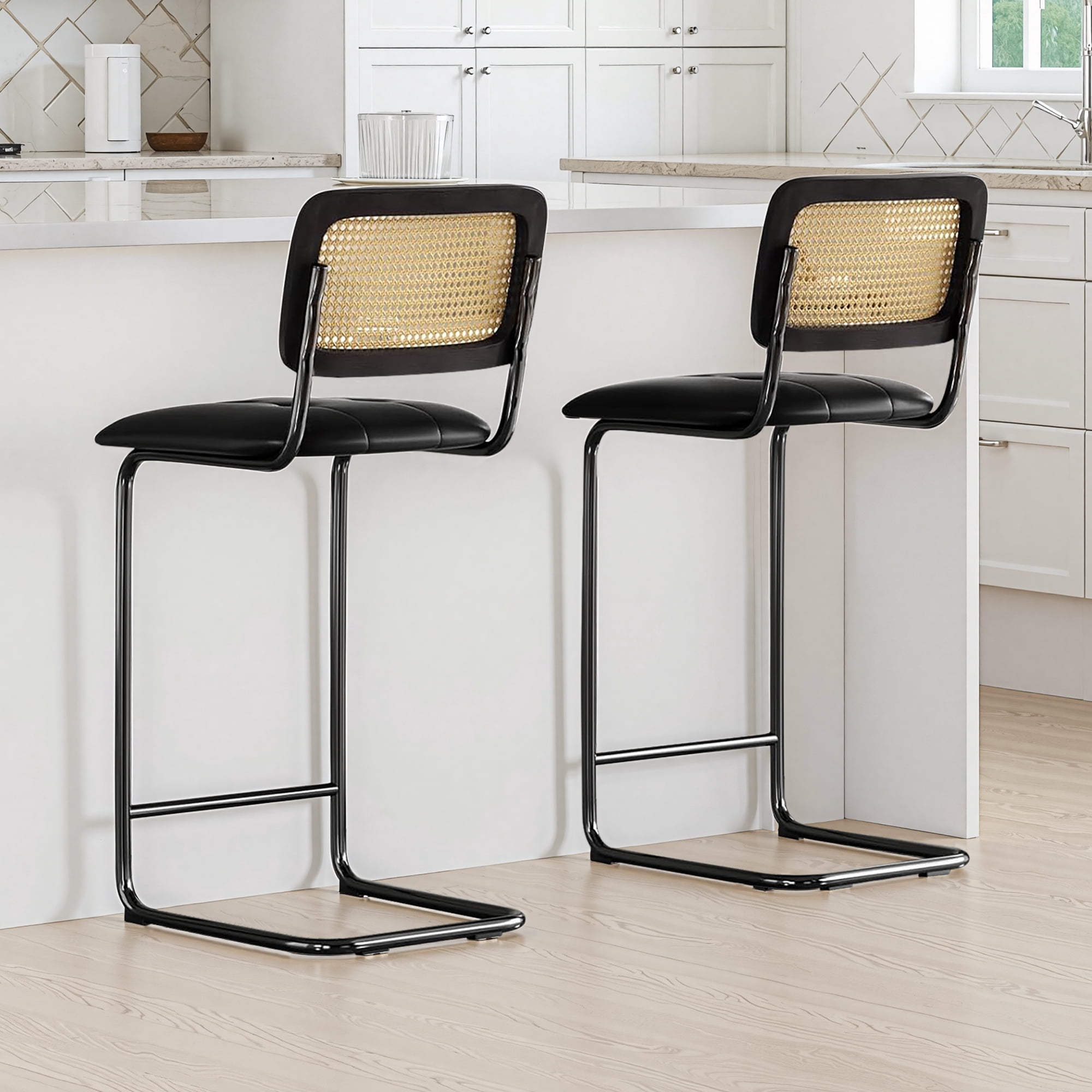 MAYEERTY 30" Black Counter Height Bar Stools Set of 2, PU Leather & Rattan Back, for Dining Areas