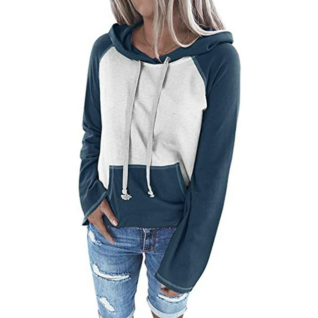 Chemisier pour Femme à Manches Longues, Manches Raglan à Coutures, Poches Contrastantes, Encolure à Capuche, Chandail Côtelé