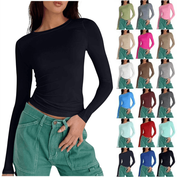 ZORYEVY Womens Tops Long Sleeve Pullover Slim Lightweight Winter Shirts for Women Crew Neck Solid Color T Shirts