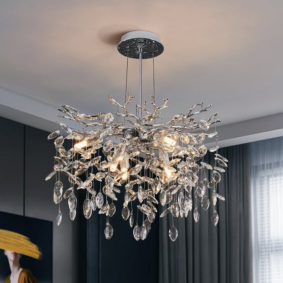 Modern Tree Branch Crystal Chandelier Luxury Silver Crystal Pendant Lighting 18" Contemporary 6-Light Chandeliers for Dining Room Kitchen Bedroom Living Room