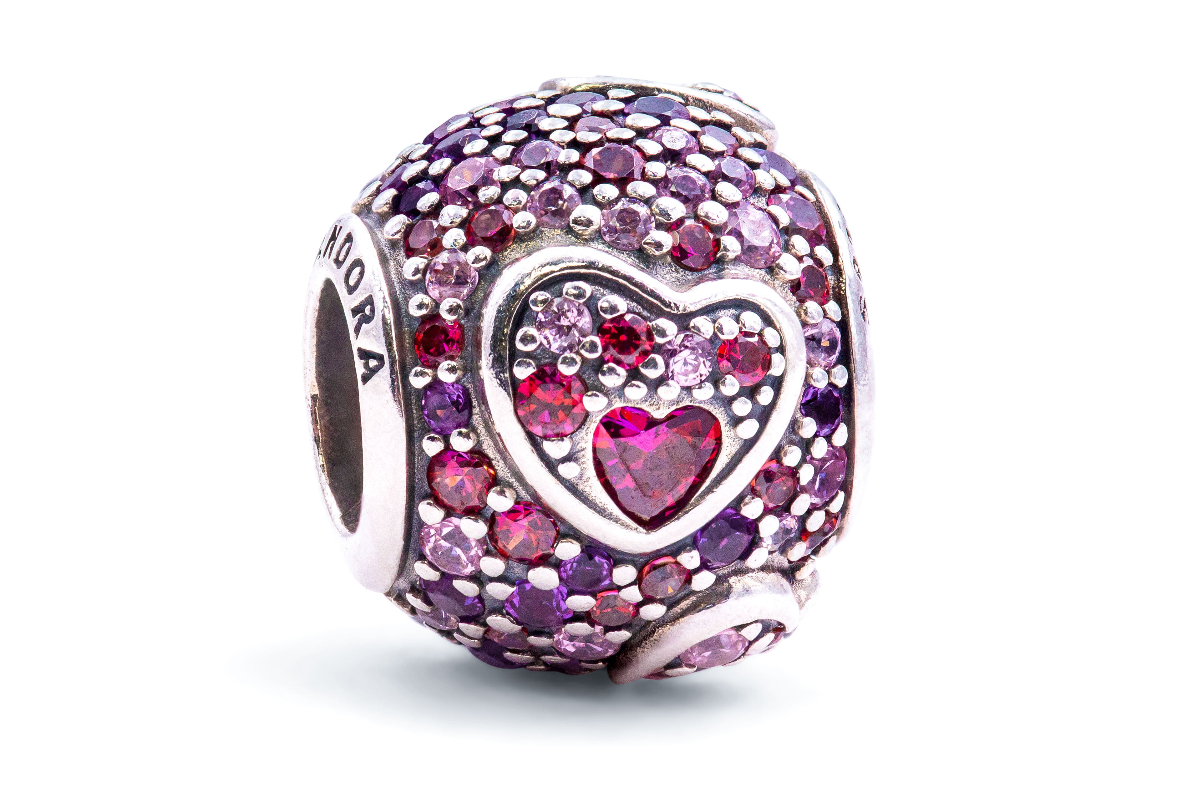 Pandora Sterling Silver with Pink Cubic Zirconia Asymmetric Hearts of Love  Charm