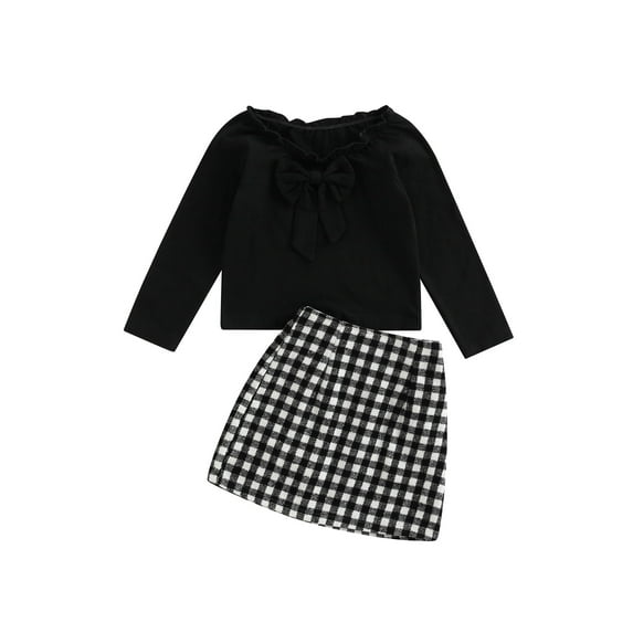 Franhais 2 Pieces Kids Suit Set, Solid Color Bowknot Boat Neck Long Sleeve Tops+ Plaid Skirt for Girls, 1-6 Years