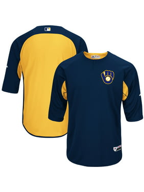 Milwaukee Brewers Majestic Authentic Collection On-Field 3/4-Sleeve Batting Practice Jersey - Navy/Yellow