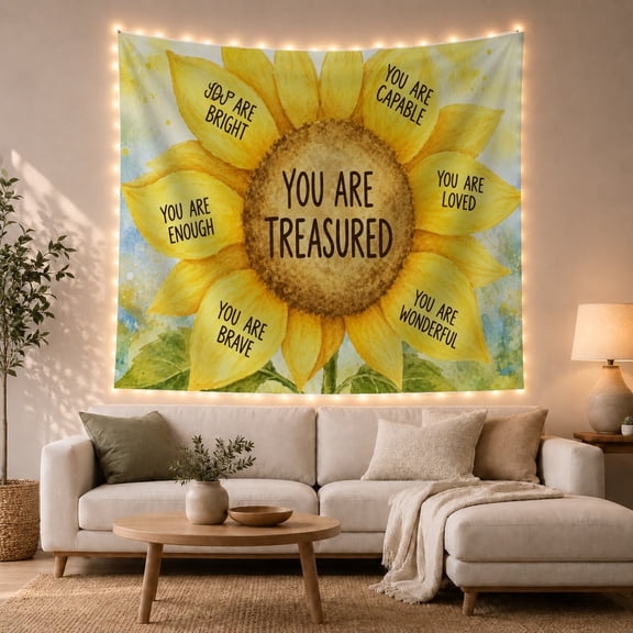 Watercolor Sunflower with Positive Affirmations on Yellow Petals, Inspirational Boho Art for Kids and Teens, Nature Wall Decor, Birthday Gift Tapestry Wall Hanging for Classroom and Dorm Room