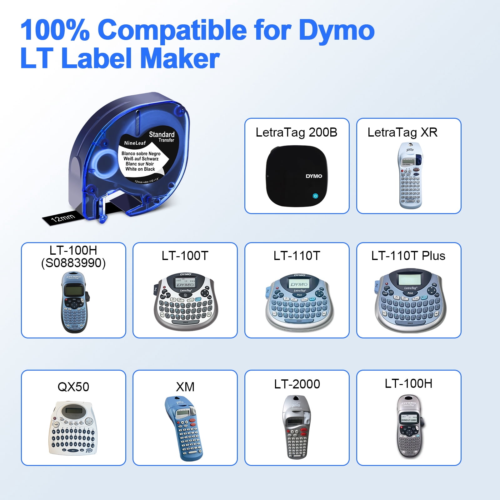 NineLeaf 5PK Compatible for DYMO LetraTag Refills 913318 12mm 1/2" White on Black Plastic Label Maker Tape