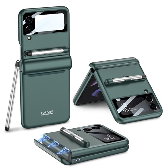 Case Compatible with Samsung Galaxy Z Flip 4 with Camera Protector S Pen Full Protective Case with Magnetic Hinge-Green