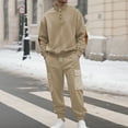 thumbnail image 2 of Mens 2 Piece Sets Long Sleeve Jacquard High Neck Pullover and Joggers Cargo Pant Tracksuits Fall Winter Outfits (L, Khaki), 2 of 7