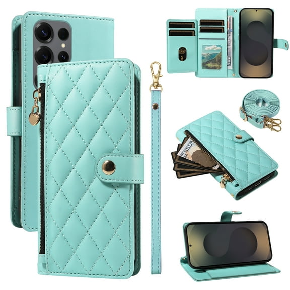 For Samsung Galaxy S25 Ultra Wallet Case with Zipper Card Slots,RFID Blocking Large Capacity Elegant PU Leather Magnetic Flip Case Crossbody Strap Hand Lanyard for Travel / Daily Carrying,Green