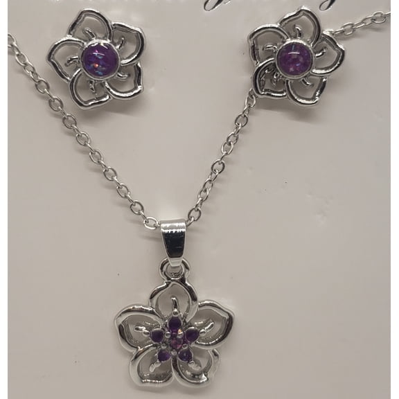 Purple Opal Flower Silver Earring/Necklace Set