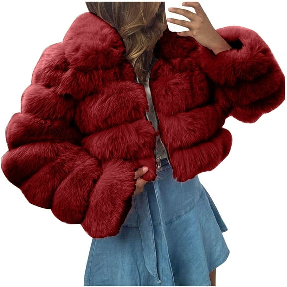 Lndajk Women's Faux Furry Hooded Cropped Bubble Coats Fleece Short Warm Jackets Soft Plus Size Winter Outerwear Wine S