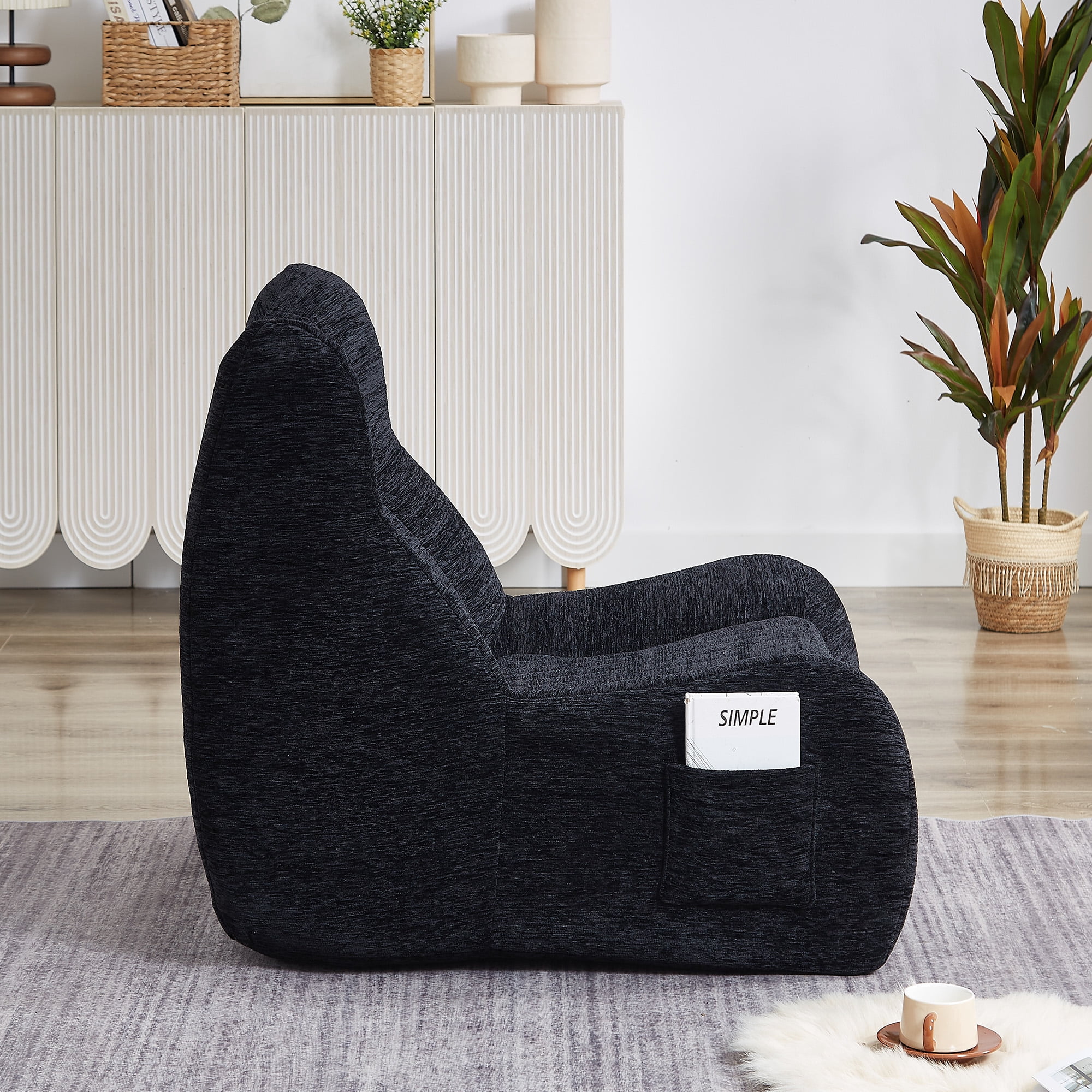Kosynda Bean Bag Chair for Adults, Giant Memory Foam Bean Bag Couch with High-Resilience Foam and Armrests, Lounge Floor Sofa for Living Room, Bedroom, Black