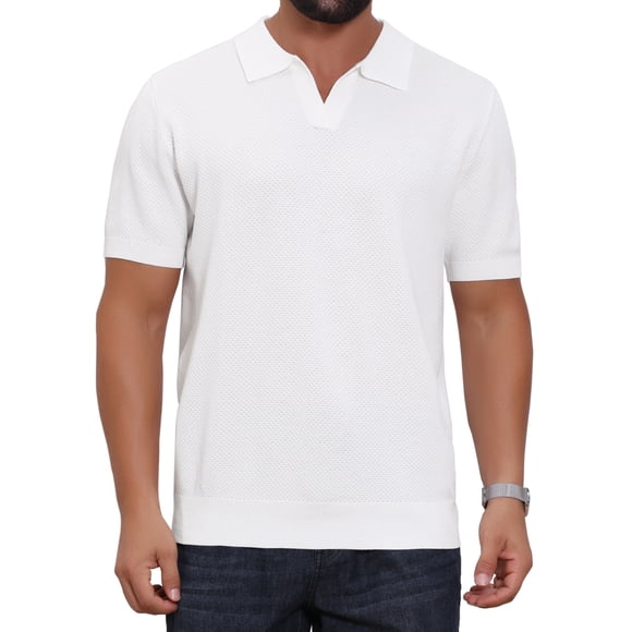 Camisa polo de punto texturizado para hombre, cuello en V, de manga corta, casual, para golf, color blanco