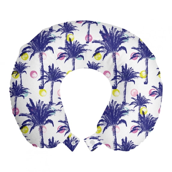 Abstract Travel Pillow Neck Rest, Pattern with Tropic and Palm Trees Brushstroke Rounds, Memory Foam Traveling Accessory Airplane and Car, 12", Dark Lavender Multicolor, by Ambesonne