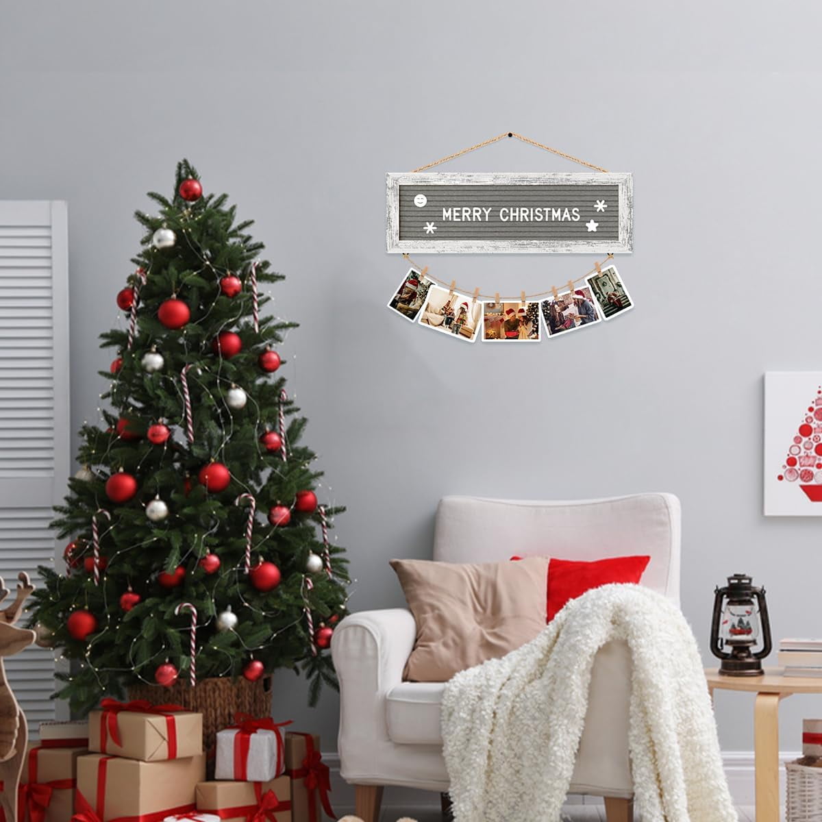 CJIAWYS Picture Frames Hanging Display Wooden Board, Felt Letter Board with 340 Letters and 15 Clips, Photo Frames Collage Wall Decor for Family Birthday Christmas Party Gifts