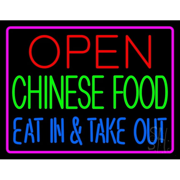 Open Chinese Food Eat In Take Out LED Neon Sign 24 x 31 - inches, Black Square Cut Acrylic Backing, with Dimmer - Bright and Premium built LED Neon Sign for restaurant window and interior decor.