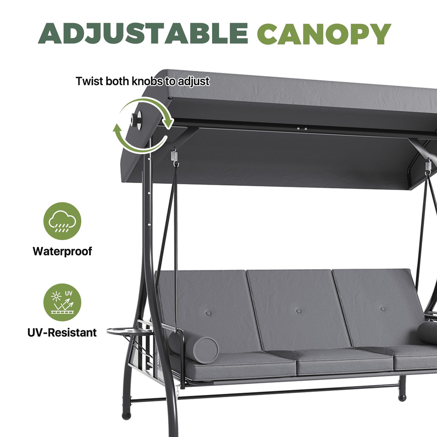BaPiPro Gray 3-Seat Metal Outdoor Patio Swing with String Lighting, 2-in-1 Convertible Swing Bed, Adjustable Canopy, Removable Cushions & Foldable Side Table for Garden Porch Deck