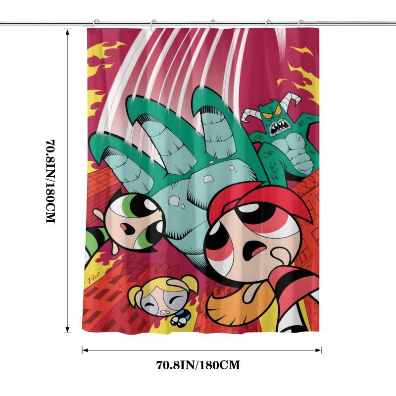 Lheaggik Cartoon Powerpuff Girl 4 Pcs Bathroom Sets with Shower Curtain and Rugs, Waterproof Polyester Shower Curtain Sets with Hooks