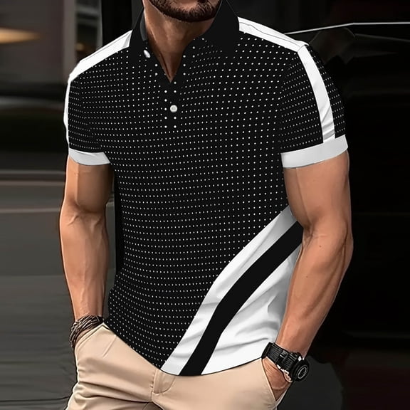 Fnnxeal Mens Polo Shirts, Collared Big and Tall Shirt Summer Solid Casual Button Black Polo Shirts for Men Size 2XL