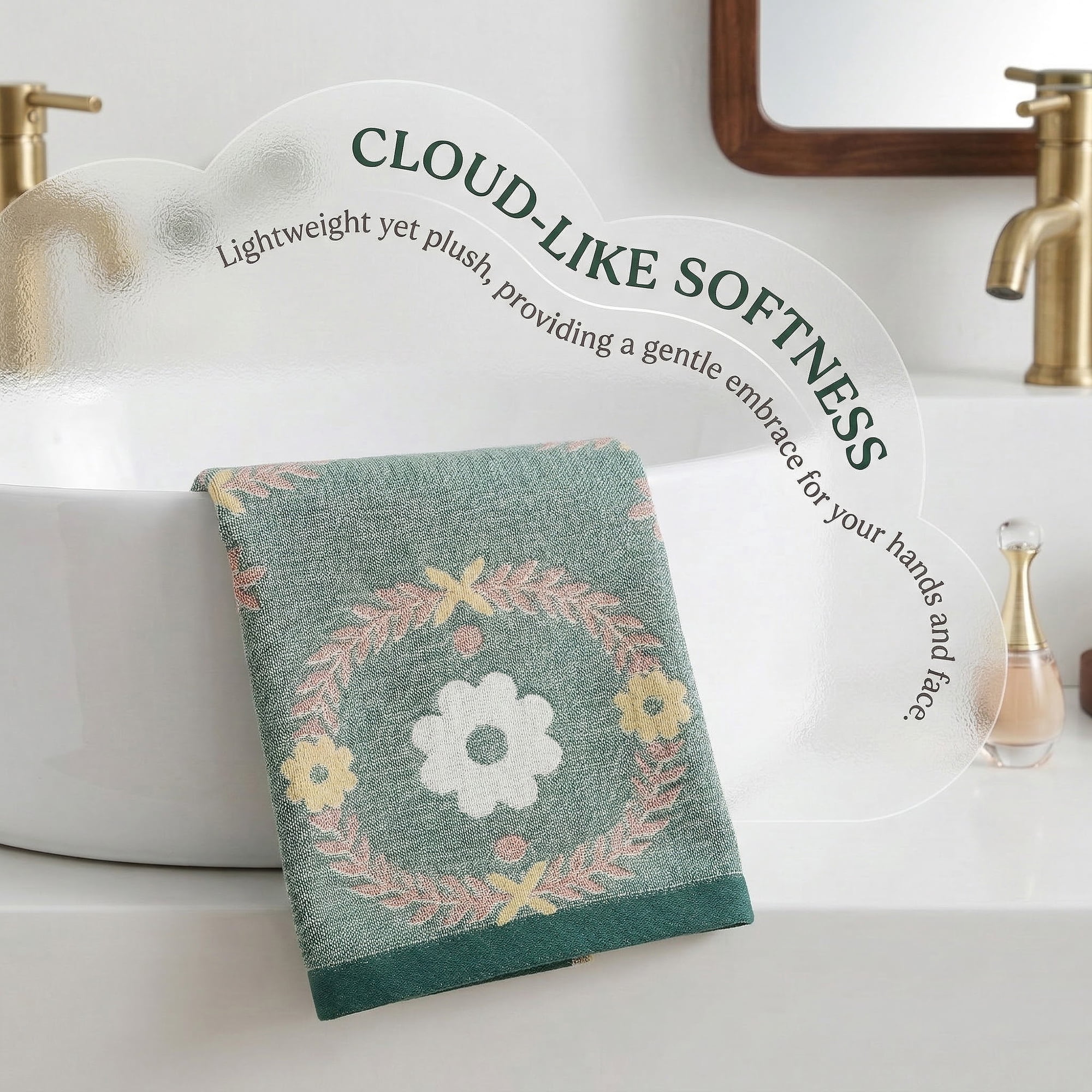 Unique Bargains Cotton Floral Jacquard Hand Towel Soft Absorbent Green/Grey 29" x 13"