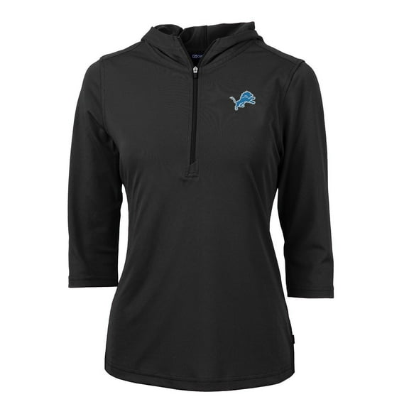 Women's Cutter & Buck Black Detroit Lions Virtue Eco Pique Half-Zip 3/4 Sleeve Pullover Hoodie