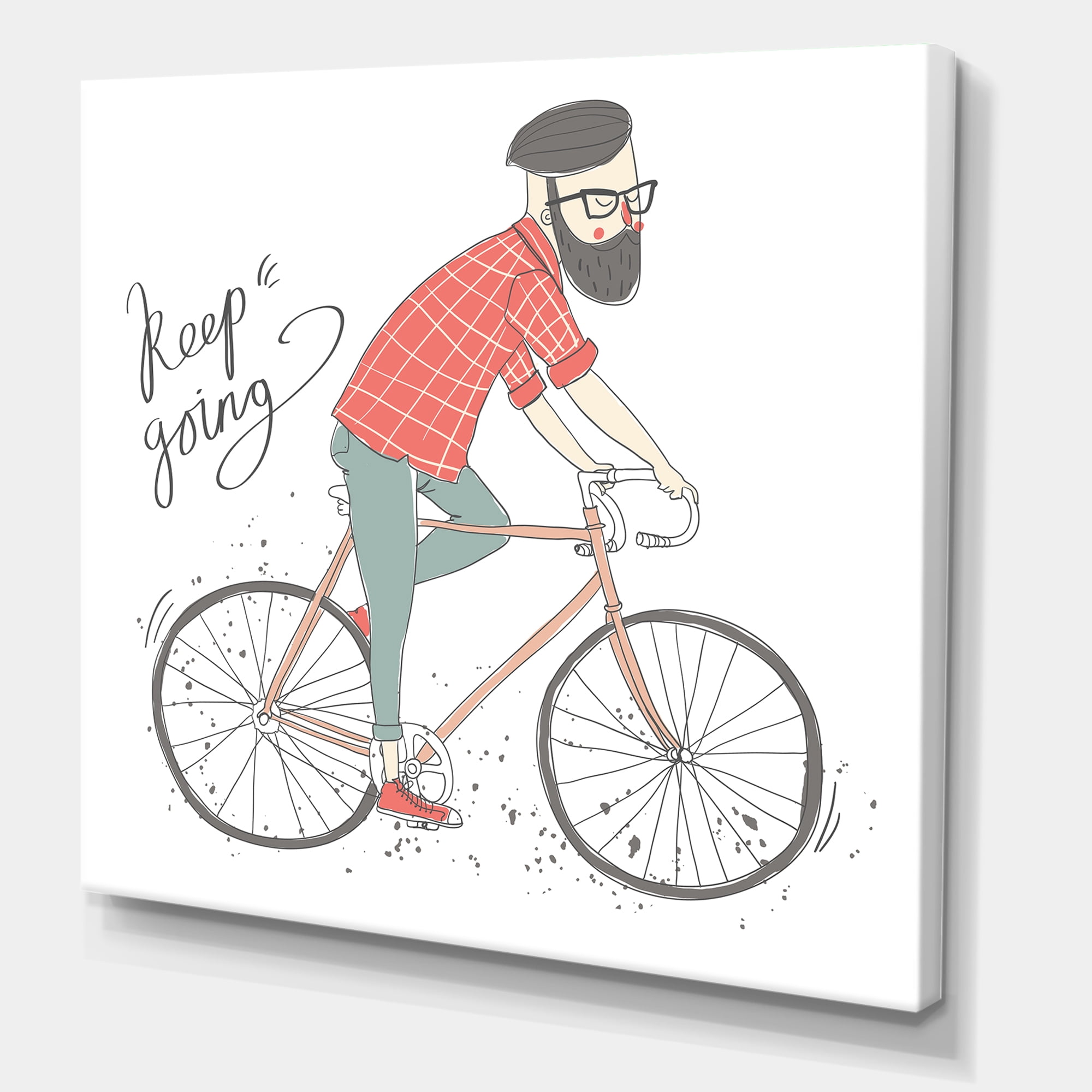 Hipster Man Riding A Bicycle 16 in x 16 in Painting Canvas Art Print, by Designart