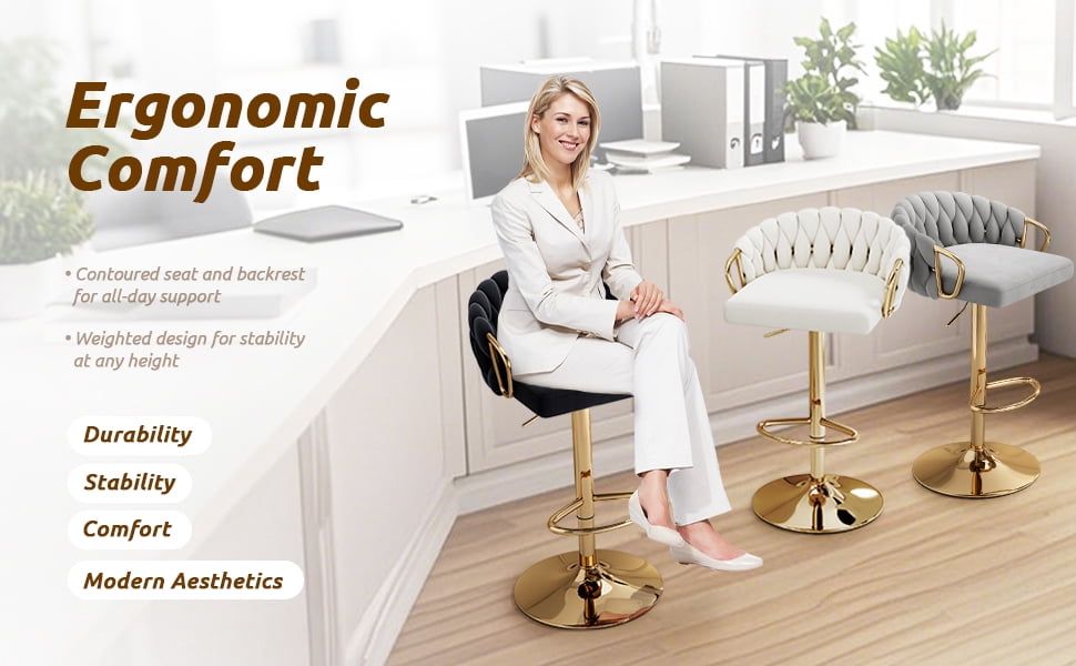Lessmore Luxury Velvet Swivel Bar Stool - Set of 2 with Armrests Woven Back and Footrest Adjustable Height Counter Height Bar Chairs, Gold Base