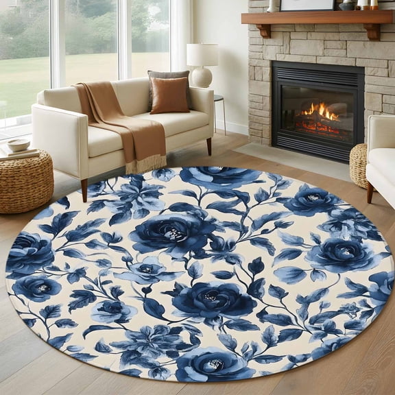 Round Rugs 5Ft, Navy Blue Botanical Peony Round Area Rug Washable Indoor Throw Carpet, Vintage Floral Blossom Soft Non Slip Circle Rug for Cabinet Bathroom Home Decor Aesthetic