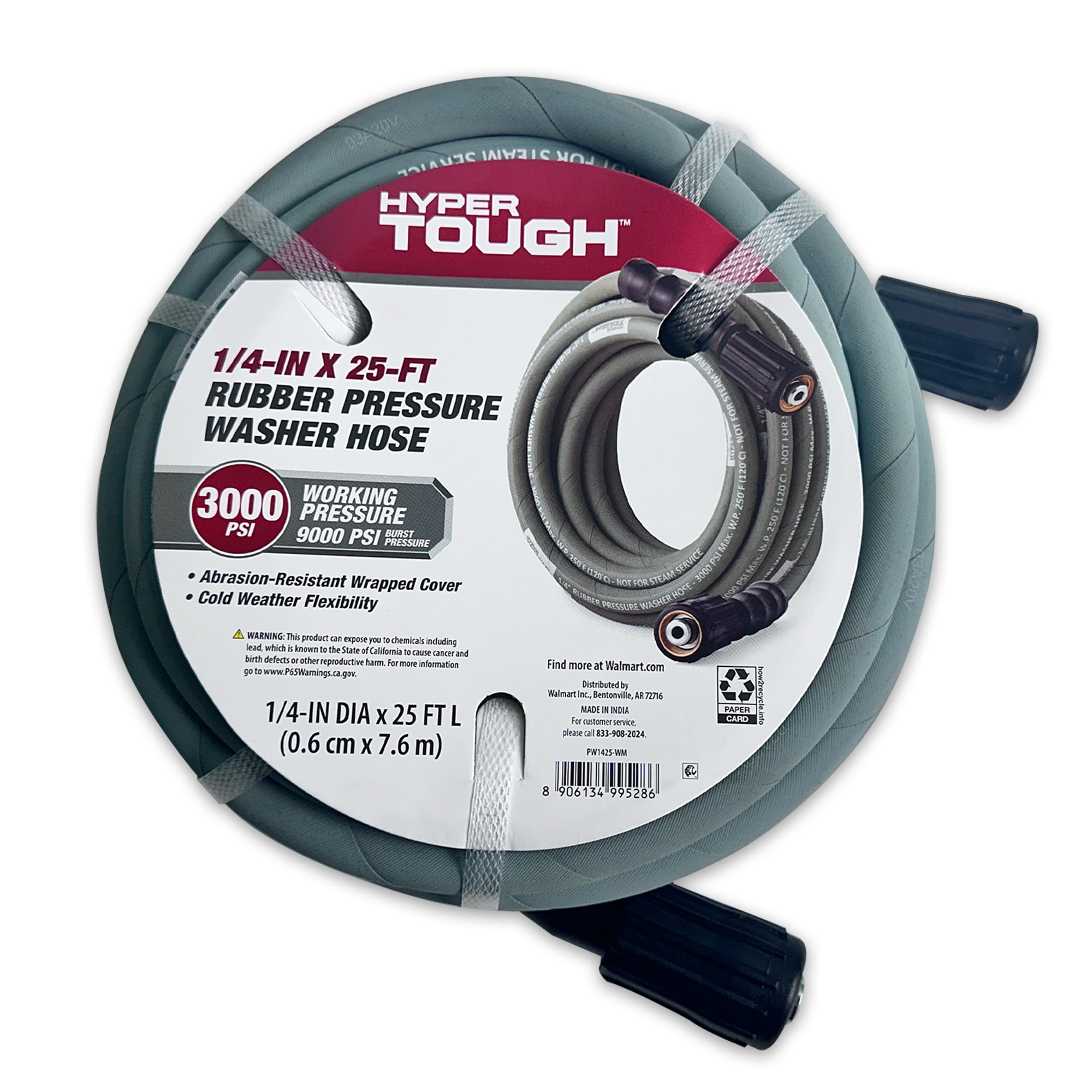 Hyper Tough Universal 1/4" x 25' Rubber Pressure Washer Hose with M22 Fittings, Max 3000 PSI