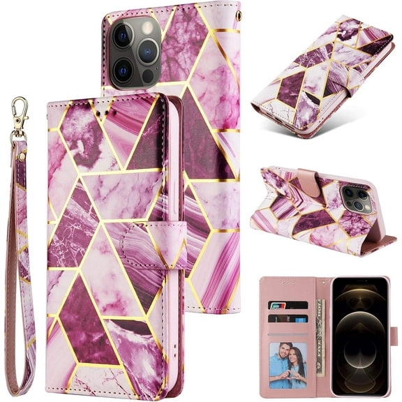 Case for iPhone 11 6.1 inch, Premium PU Leather Golden Embossed Geometric Marble Pattern Wallet Case with Detachable Wrist Strap, Magnetic Closure Card Slots Shockproof Flip Case - Purple
