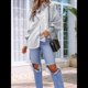 thumbnail image 5 of Blusa Estilo Boyfriend A Rayas con Puños Fruncidos para Mujer, Estilo Túnica Informal con Mangas con Volantes y Bolsillos, Rayas Grises, Talla XL, 5 of 7