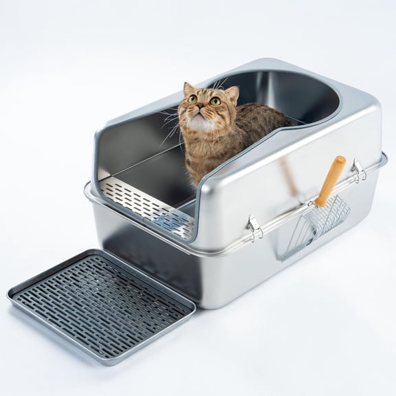 Cattasaurus Stainless Steel Litter Box for Large Cats with Scoop and Pedal