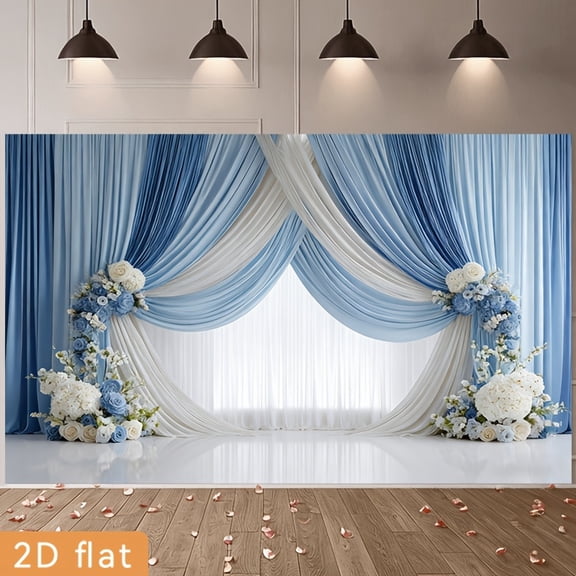 Elegant Wedding Backdrop Blue White Curtains Bridal Shower Background Blue White Hydrangea Blossoms Graduation Birthday Party Decorations Banner Supplies Photo Booth Props
