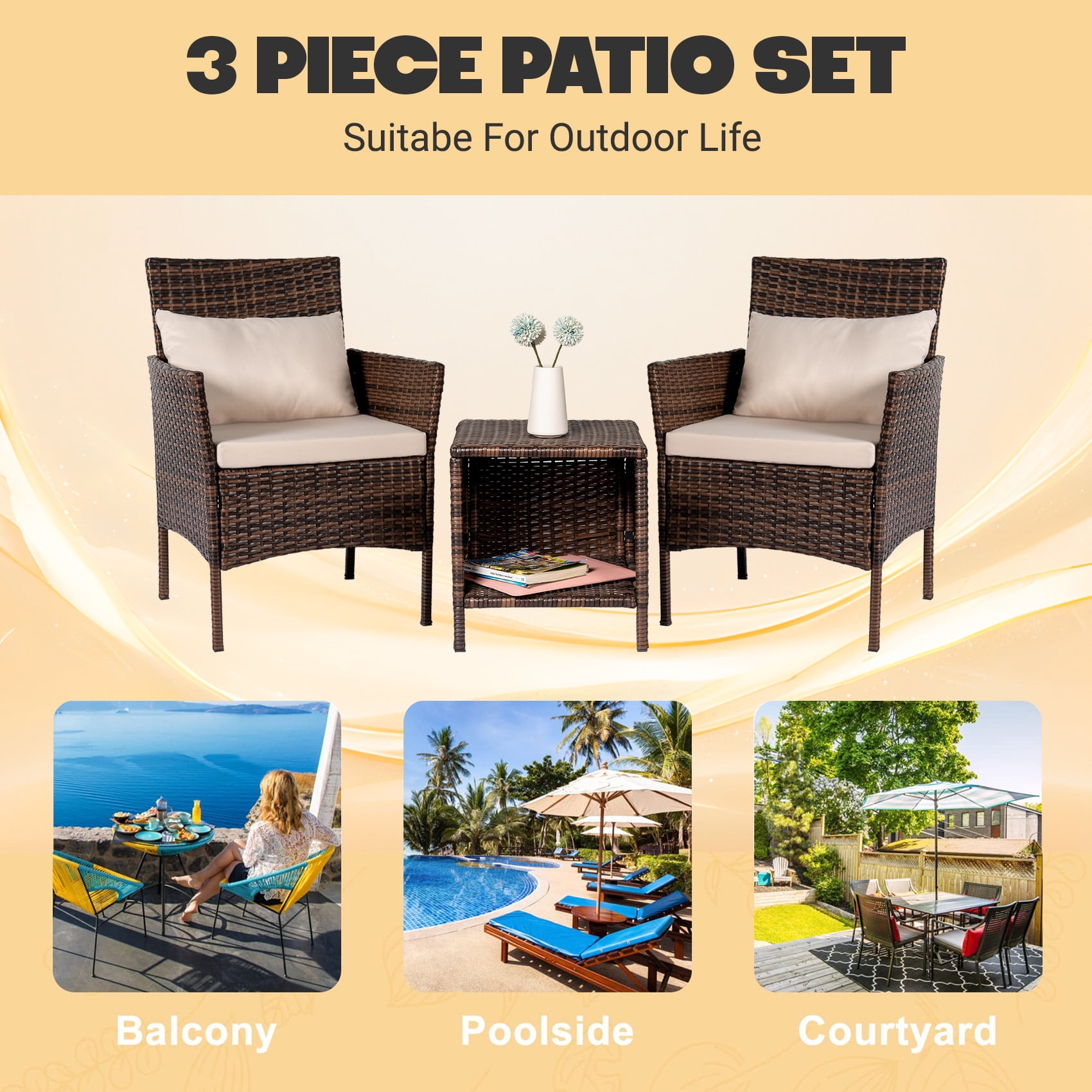 Tappio 3 Piece Patio Conversation Bistro Set Outdoor Chat Furniture, Porch Balcony Furniture Set,Wicker Chairs and Storable Table Set for Patio Balcony Backyard Apartment,Brown/Beige