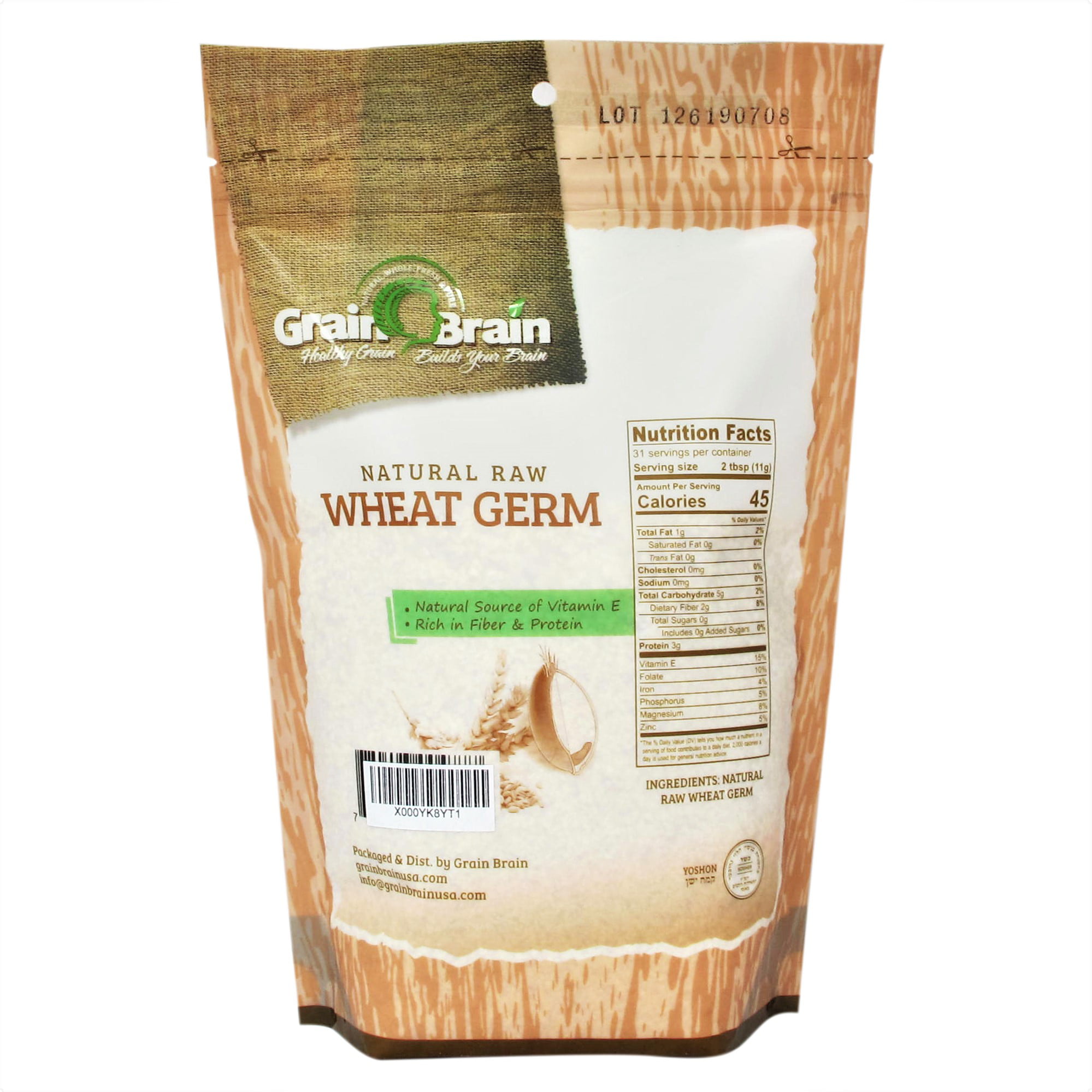 Grain Brain Germen de trigo de 12 oz (12 onzas) crudo, totalmente natural,  sin tostar. Empaquetado en bolsas resellables para un uso fácil