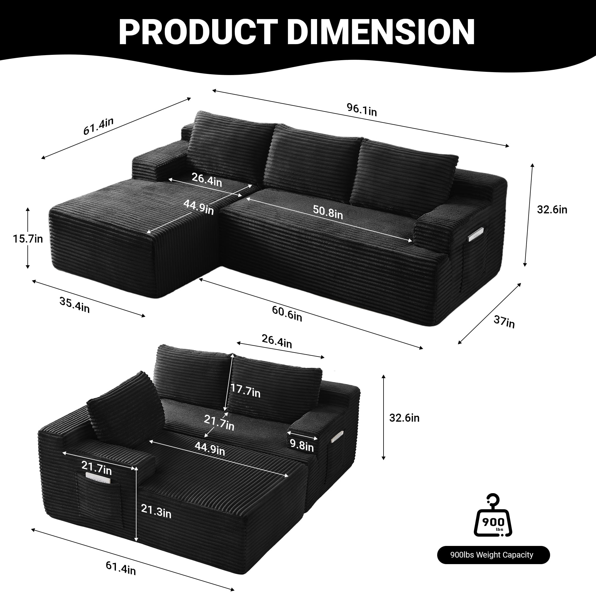 Vanress 96 Inch Modular Sectional Couches for Living Room, Modern Boneless Sofa, Upholstered Deep Seat Cloud Couch, Corduroy Comfy L-Shape Sofas Couches, No Assembly, Black (Left Facing Chaise)