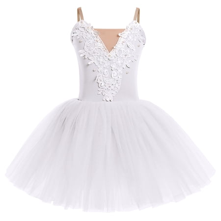 IBTOM CASTLE Kids Girls Ballet Dance Dress Velvet Spaghetti Straps Camisole Gymnastics Leotard Ballerina Dress up 7-8 Years White