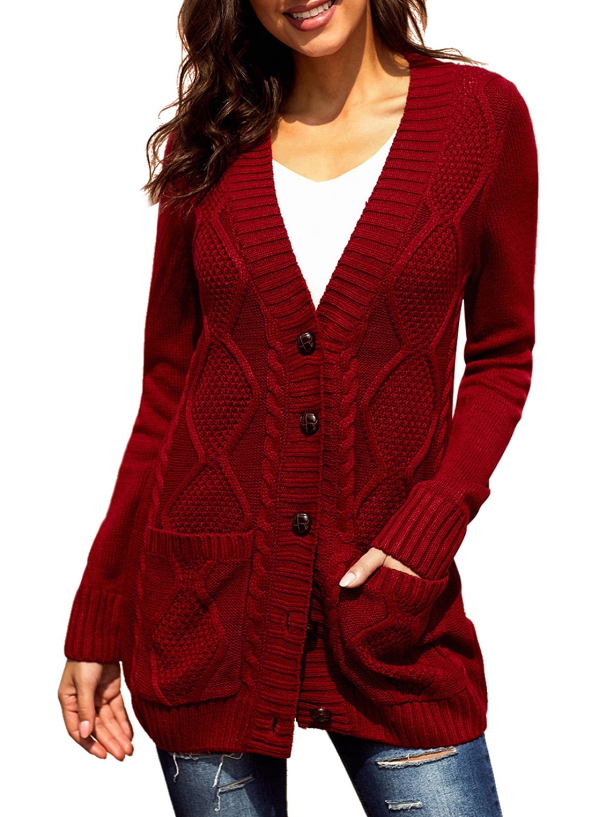 Womens Christmas Long Sleeve Open Front Buttons Cable Long Knit Sweater Cardigan 
