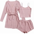 thumbnail image 1 of Conjunto de pijama de 3 piezas para mujer, camiseta de punto acanalado, pantalones cortos, ropa de dormir suave con bata y cárdigan, 1 of 5