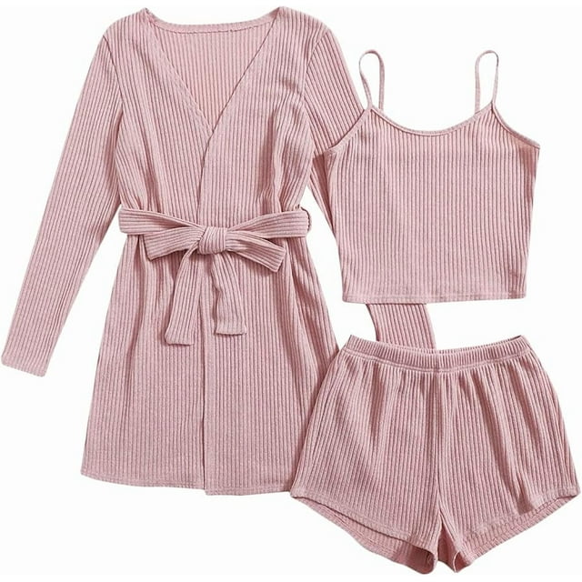 Conjunto de pijama de 3 piezas para mujer, camiseta de punto acanalado, pantalones cortos, ropa de dormir suave con bata y cárdigan