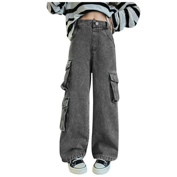 Kids Pants Kids Girls Baggy Cargo Pants Child Elastic Waist Wide Leg Solid Color Demin Pants Jeans with Pocket Pantalon Mi Saison Enfant Grey 10 Years-12 Years
