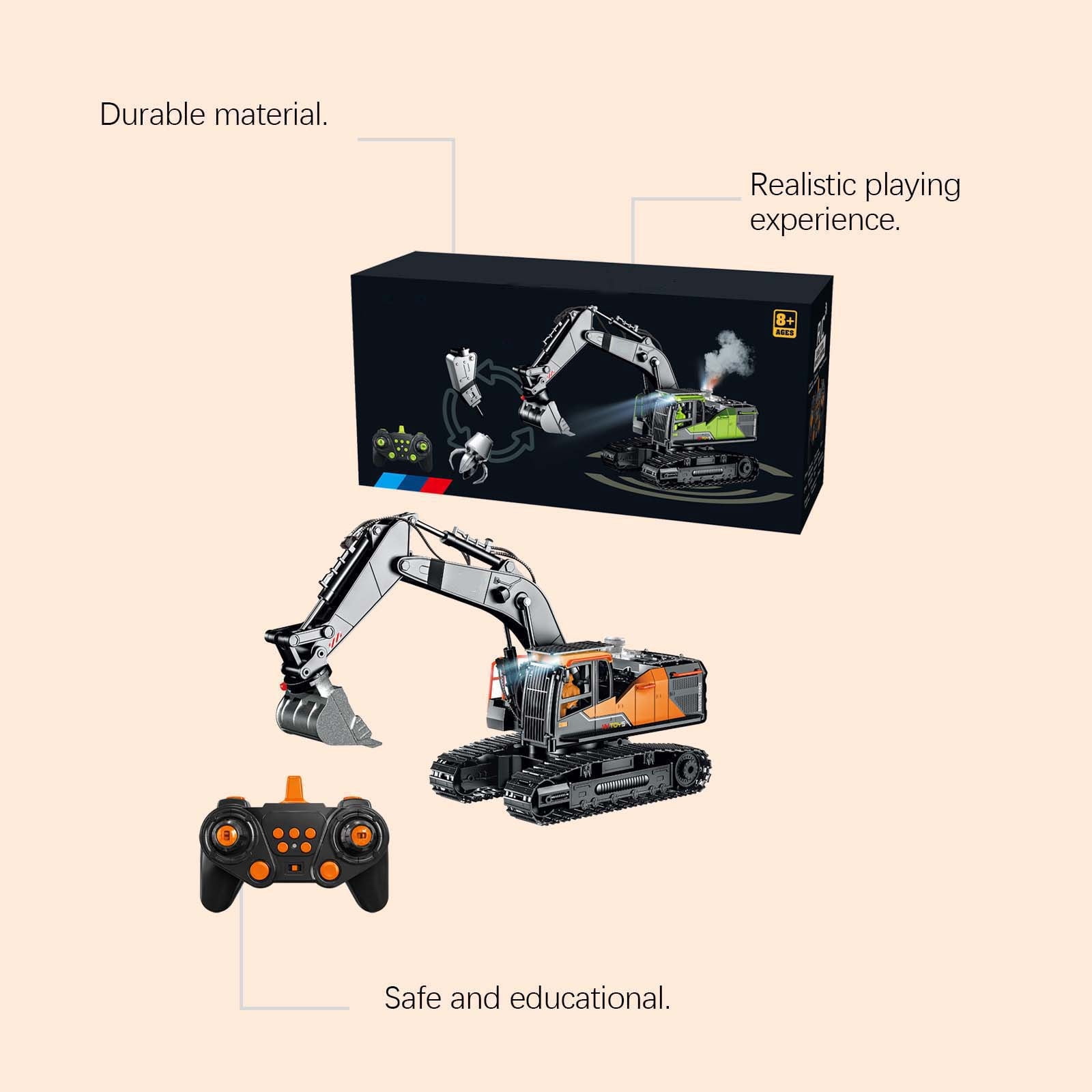 6 Channel Remote Control Excavator Toy Construction Vehicle with Light Rechargeable Crawler for Boys Girls Age 8 Plus Sand Dirt Grass Play Birthday Gift STEM Learning for Construction Play Set