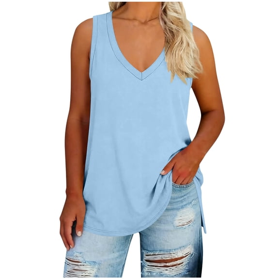 Sevevn Plus Size Women's V-Neck Sleeveless Tank Tops Loose Side Split Casual Tunic Shirts Light Blue 2XL