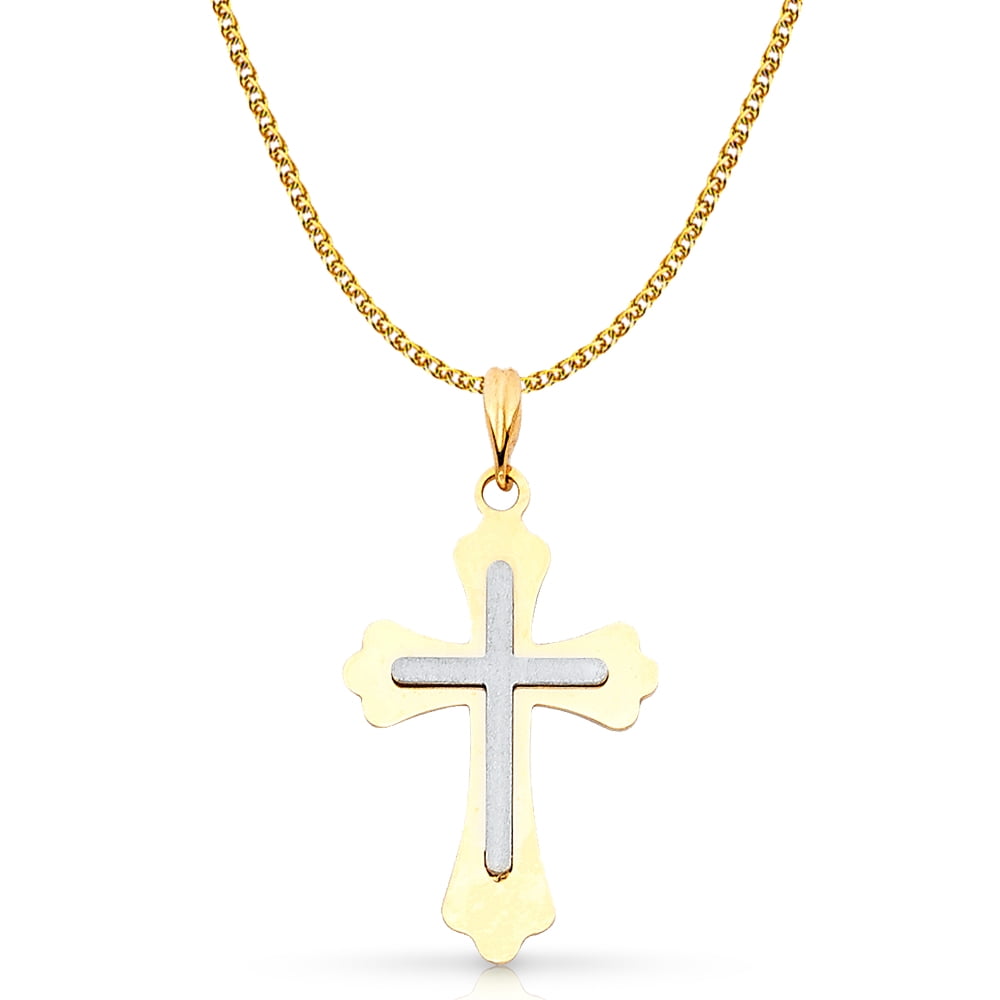 14K Yellow Gold Cross Charm Pendant with 1.5mm Flat Open Wheat Chain Necklace