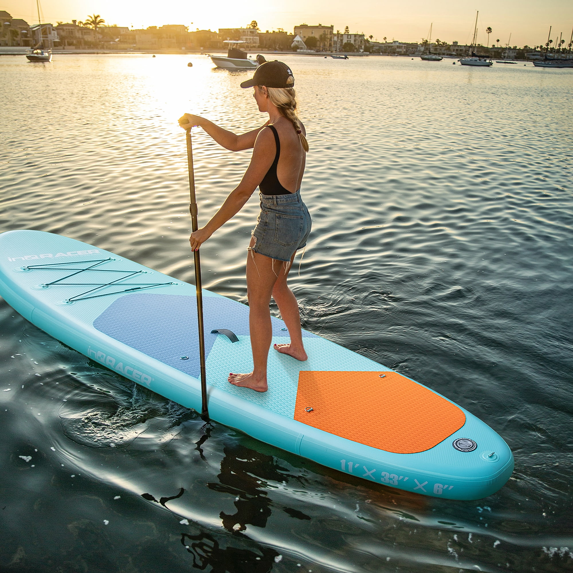 Inflatable Stand Up Paddle Board, 300 LBS Capacity PVC SUP Board, Wide Stable Design with Fins, Complete Accessories & Storage Backpack for All Skill Levels