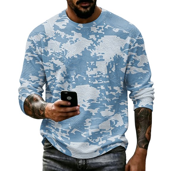 Oazcsf Mens Long Sleeve Shirts Casual Waffle Camo Pullover Sweater Crew Neck Lightweight Fall Sweatshirt Winter Big and Tall Men's Top
