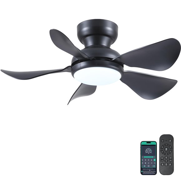 32 Inch Modern Ceiling Fans with Lights, Small Flush Mount Ceiling Fan with Light and Remote/APP Control, 5 Reversible 6