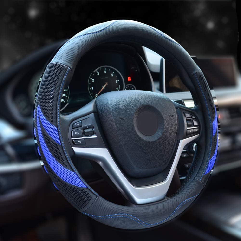 Non-Slip Car Wheel Cover Protector Breathable Microfiber Leather Universal Fit for Most Cars Blue-2 Leather Car Steering Wheel Cover 