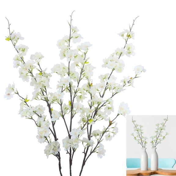 Tutuviw Artificial Cherry Blossom Flowers,3 Pcs White Silk Peach Flowers Stems, Cherry Blossom Branches,Spring Branches Arrangement for Wedding Office Party Hotel Yard Home Decoration
