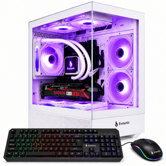 Evounic Gaming PC Desktop, Intel Xeon E5-2676 v3 12-Core, Radeon RX 580 8GB, 64GB RAM, 512GB NVMe SSD 1TB HDD, Liquid Cooling, Windows 11, Keyboard & Mouse Included